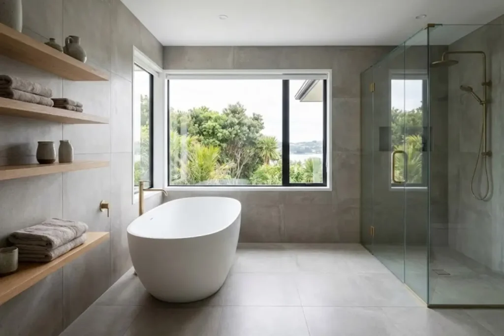 Contemporary Bathrooms by Bathroom Renovations Tauranga featuring a freestanding bathtub, glass shower enclosure, and tranquil natural outlook.