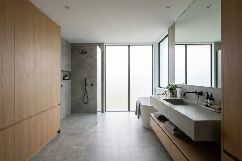 Contemporary Bathrooms by Bathroom Renovations Tauranga featuring a spacious layout with walk in shower, freestanding bath, and refined modern finishes.