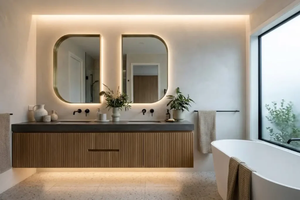 Contemporary Bathrooms by Bathroom Renovations Tauranga featuring double vanity, soft ambient lighting, and refined modern design details.