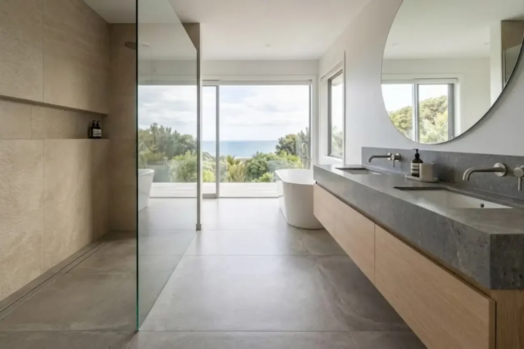 Contemporary Bathrooms by Bathroom Renovations Tauranga featuring a luxury freestanding bath, glass walk in shower, and panoramic natural outlook.