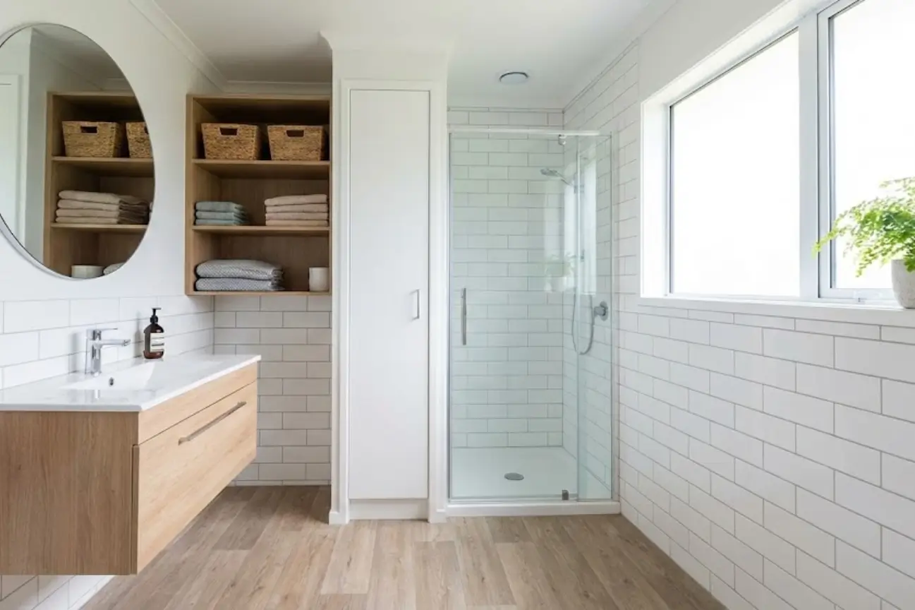 Bright and practical bathroom design showcasing affordable Bathroom Renovations Tauranga with smart storage solutions.