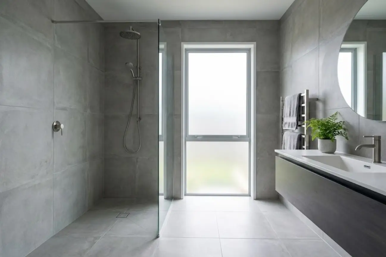 Contemporary bathroom design with walk in glass shower and modern vanity from Bathroom Renovations Tauranga.