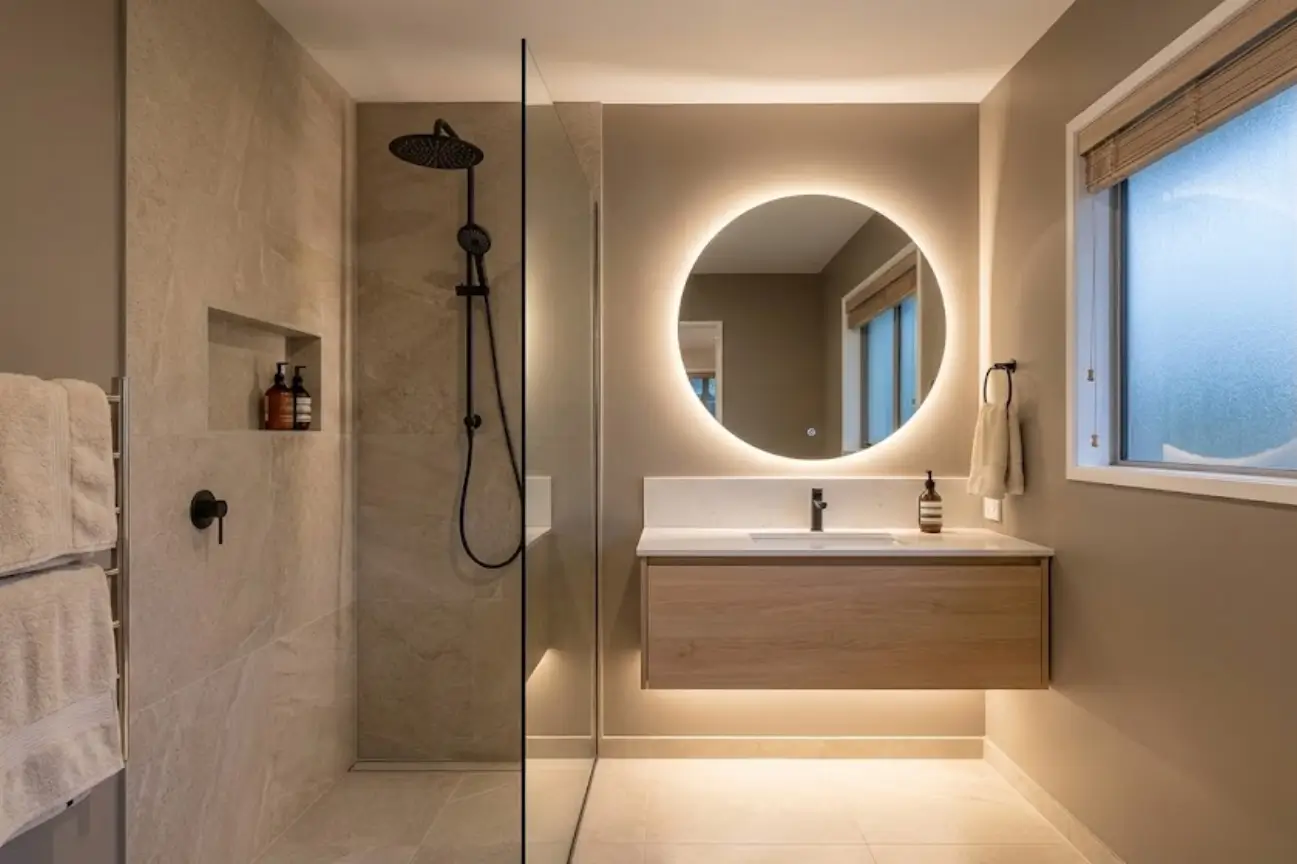 Modern ensuite upgrade with walk in shower and floating vanity by Bathroom Renovations Tauranga.