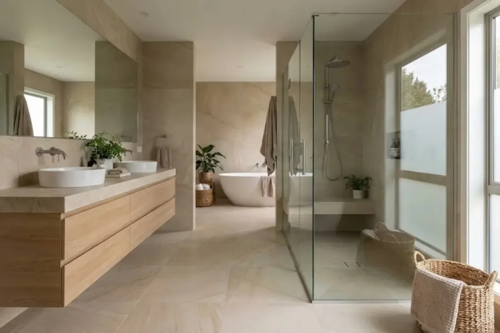Elegant ensuite upgrades by Bathroom Renovations Tauranga featuring a frameless glass shower freestanding bath timber vanity and soft natural tones.