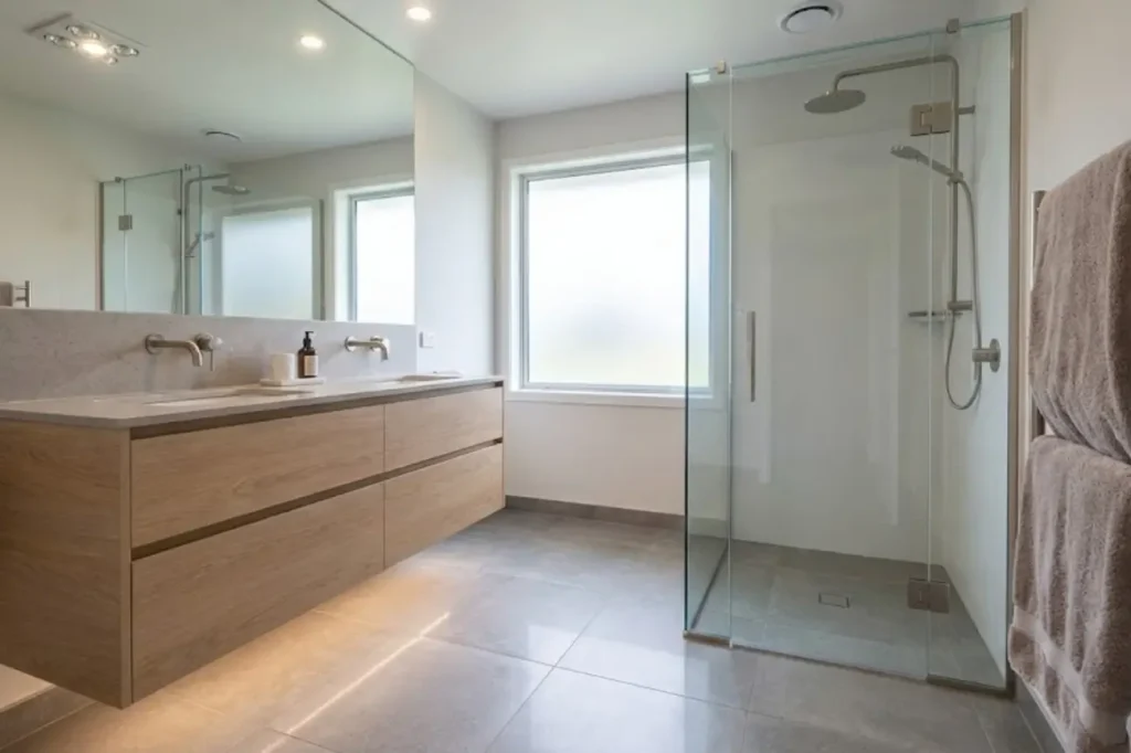 Clean contemporary ensuite upgrades by Bathroom Renovations Tauranga featuring a frameless glass shower floating timber vanity and bright natural light.