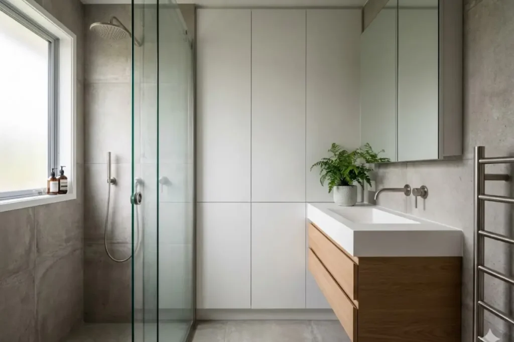 Innovative ensuite upgrades by Bathroom Renovations Tauranga featuring a sleek glass shower custom storage cabinetry and a modern floating vanity.