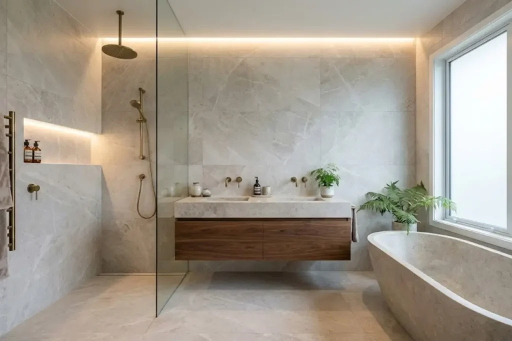 Exceptional ensuite upgrades by Bathroom Renovations Tauranga featuring a luxury glass shower wall mounted timber vanity and a freestanding bath.