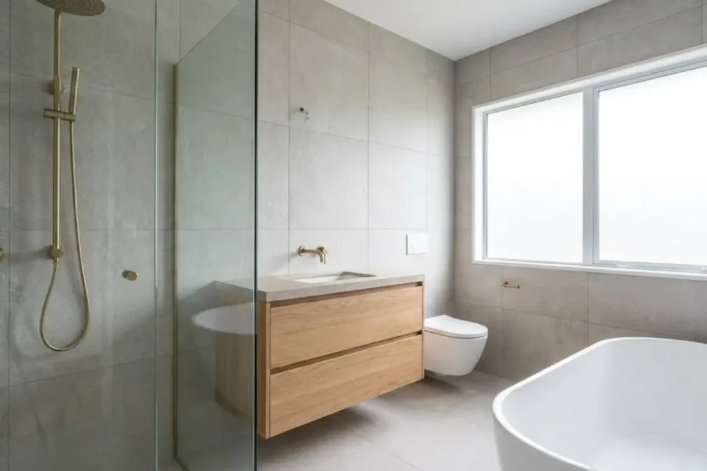 Quality ensuite upgrades by Bathroom Renovations Tauranga showcasing a frameless glass shower floating timber vanity and a clean modern layout.