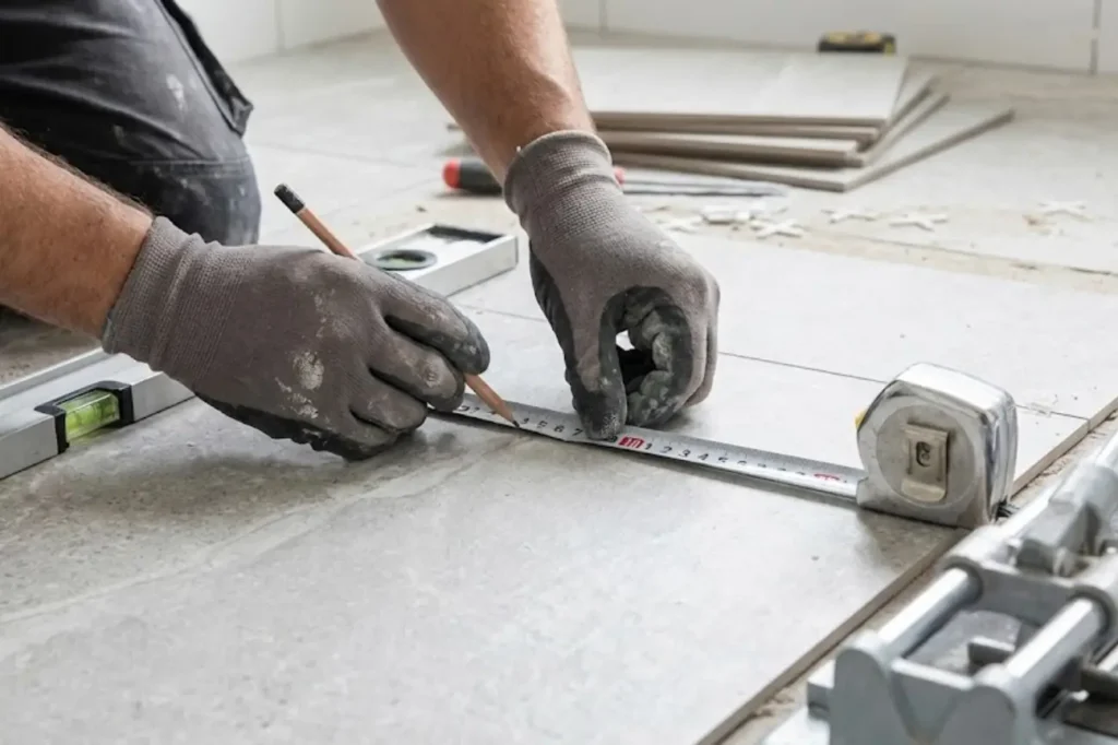Skilled craftsman measuring tiles with precision during expert Bathroom Renovations Tauranga work.