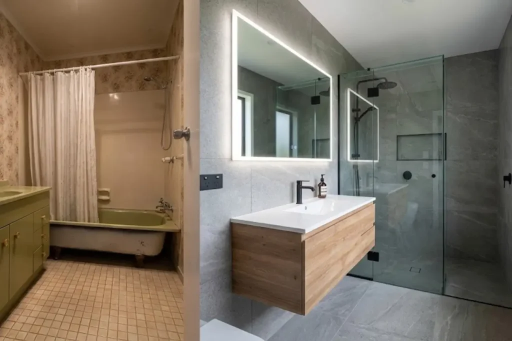 Before and after bathroom transformation showcasing expert Bathroom Renovations Tauranga craftsmanship.