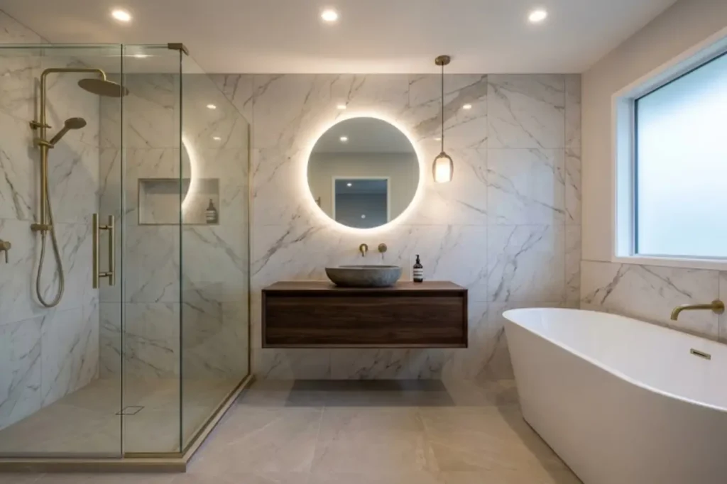 Expert Small Bathroom Renovations by Bathroom Renovations Tauranga showcasing a luxury compact bathroom with marble-look tiles, glass shower, and freestanding bath.