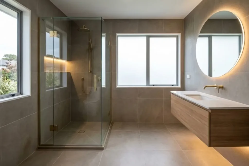 Expert Small Bathroom Renovations by Bathroom Renovations Tauranga featuring a sleek walk-in glass shower, warm tiled finishes, and a floating timber vanity.