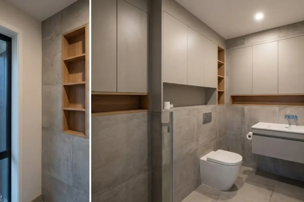 Innovative Small Bathroom Renovations by Bathroom Renovations Tauranga featuring built-in storage, minimalist cabinetry, and a space-efficient modern layout.