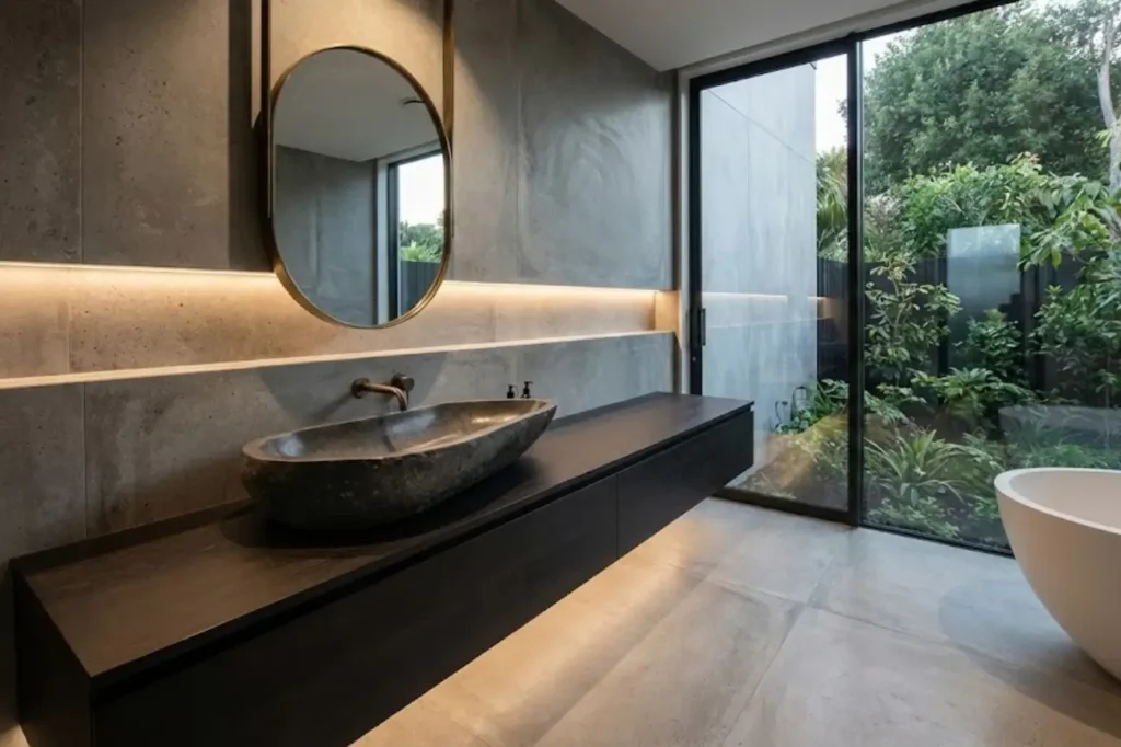 Luxury Bathrooms by Bathroom Renovations Tauranga featuring a sculptural stone basin, floating vanity, and softly illuminated modern finishes.
