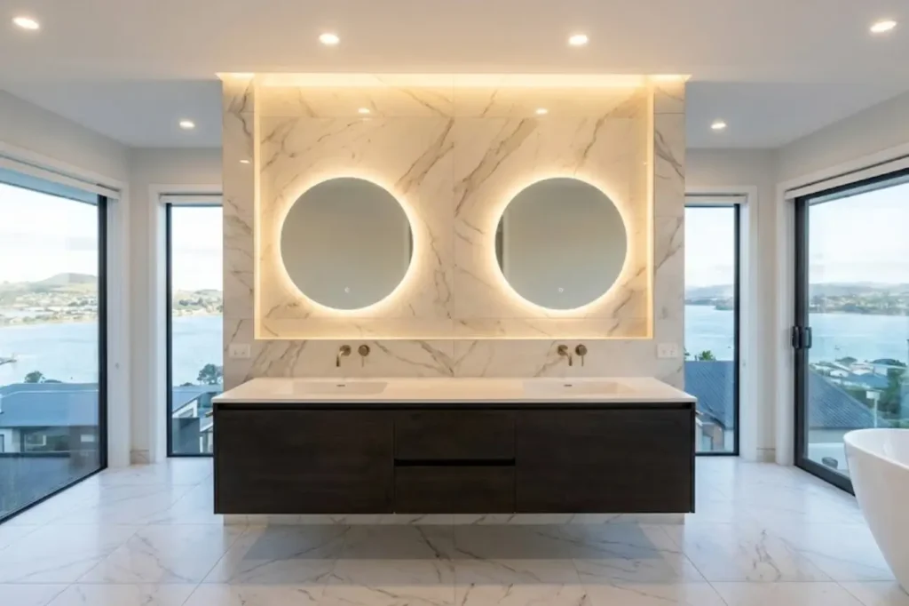 Luxury Bathrooms by Bathroom Renovations Tauranga showcasing a double vanity, illuminated circular mirrors, and refined marble finishes.