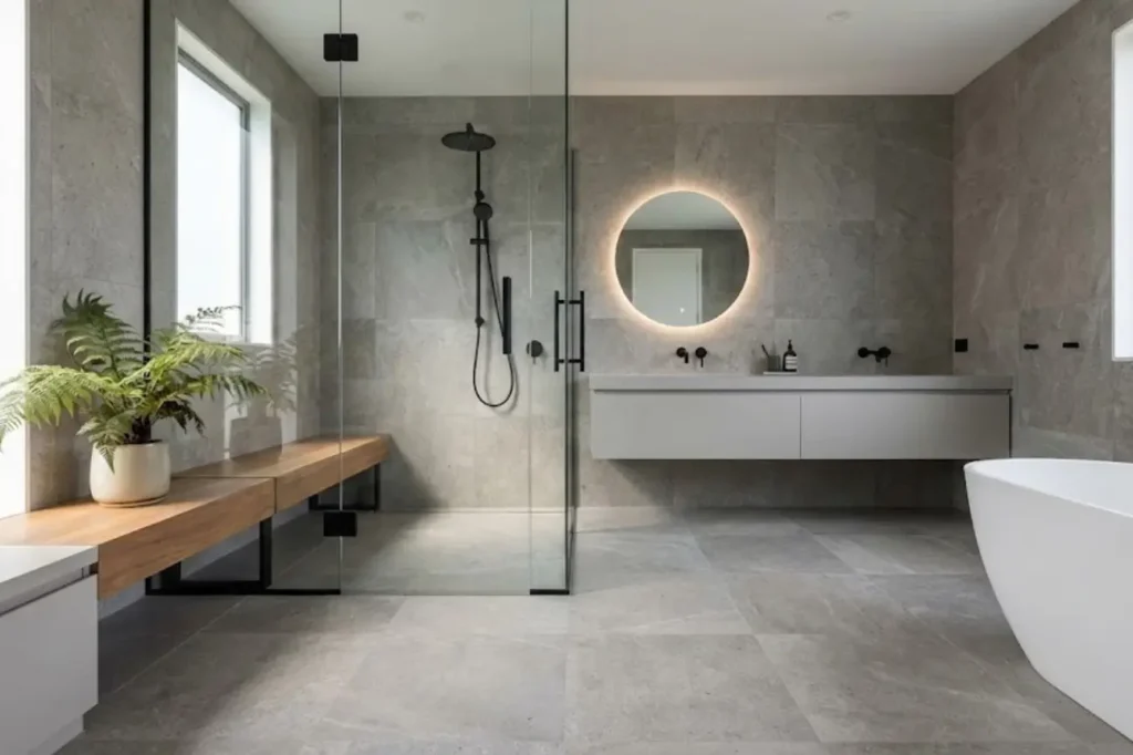 Luxury Bathrooms by Bathroom Renovations Tauranga featuring a frameless glass shower, floating vanity, and softly illuminated round mirror.