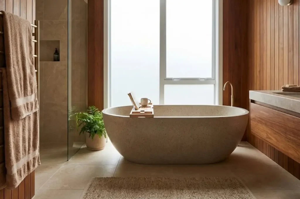 Luxury Bathrooms by Bathroom Renovations Tauranga featuring a freestanding stone bath, warm timber finishes, and a serene spa-like setting.