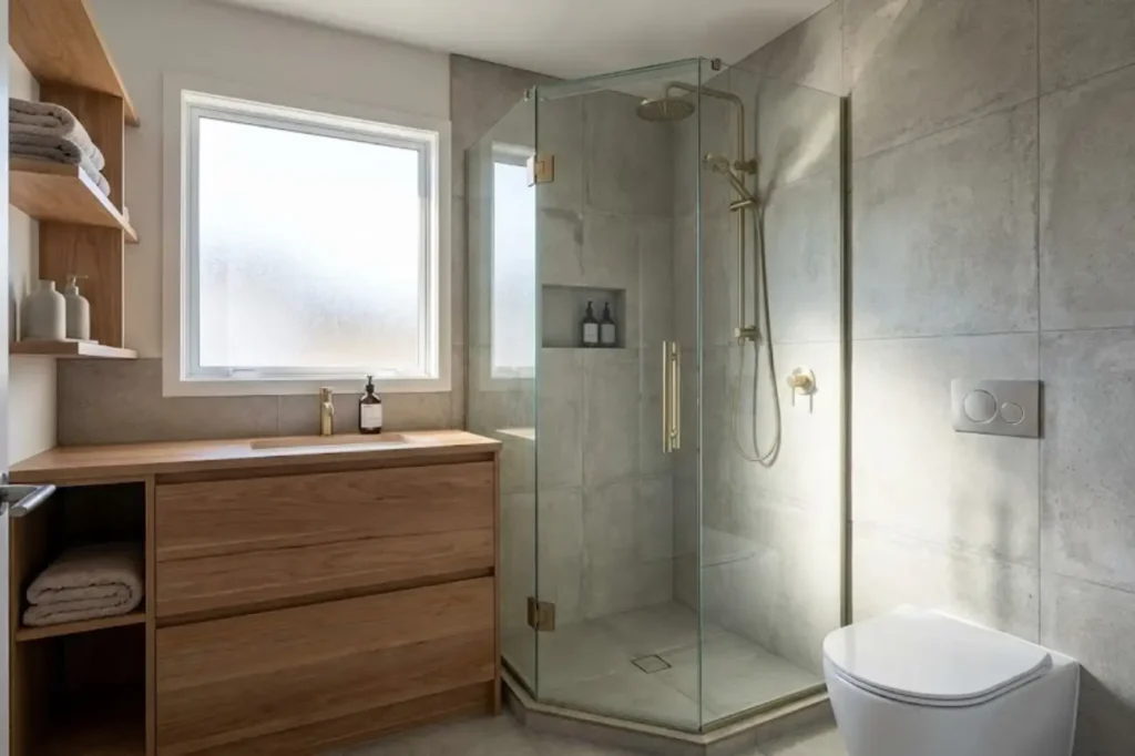 Small Bathroom Renovations by Bathroom Renovations Tauranga highlighting a space-efficient bathroom with glass corner shower, timber vanity, and smart storage.