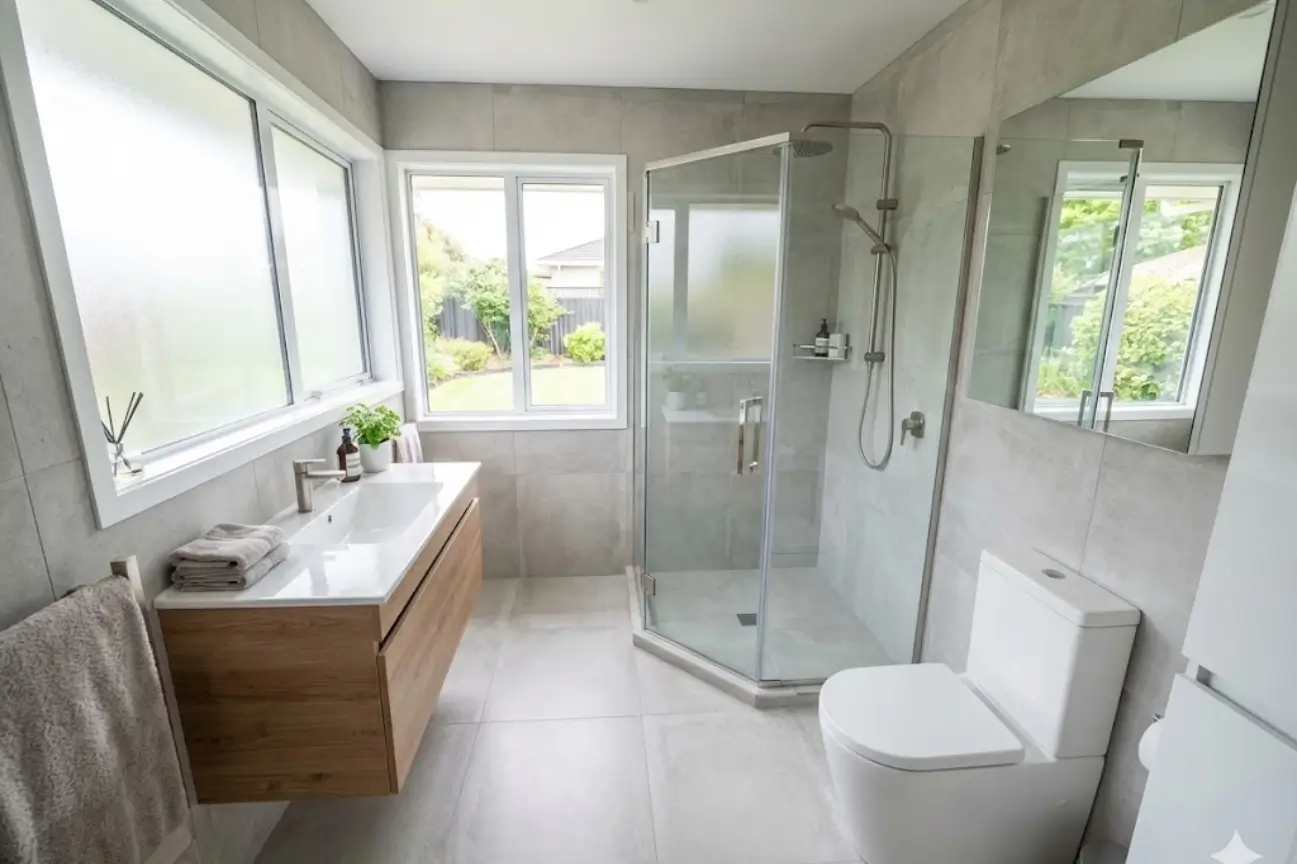 Compact and well planned layout featuring smart Small Bathroom Renovations Tauranga with modern fixtures.