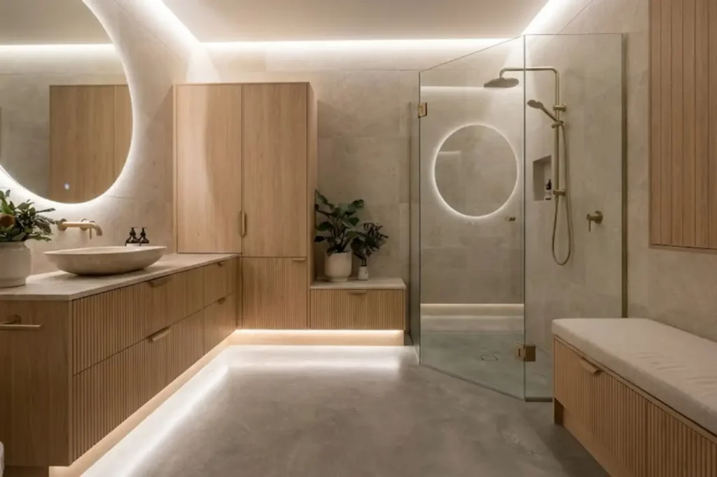 Tailored Small Bathroom Renovations by Bathroom Renovations Tauranga featuring custom timber cabinetry, glass shower enclosure, and soft ambient lighting.