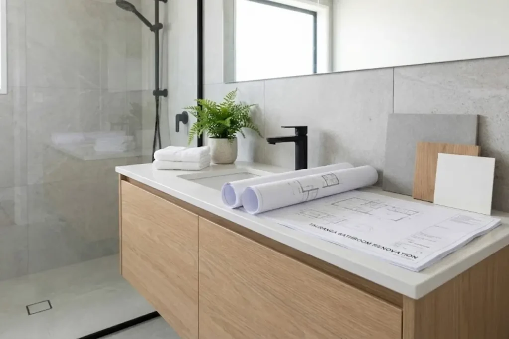 Bathroom renovation plans and materials displayed on a vanity highlighting transparent Bathroom Renovations Tauranga pricing.