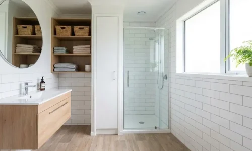 Bright and practical bathroom design showcasing affordable Bathroom Renovations Tauranga with smart storage solutions.