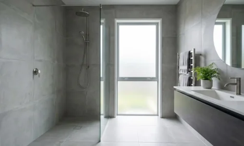Contemporary bathroom design with walk in glass shower and modern vanity from Bathroom Renovations Tauranga.