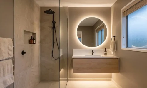 Modern ensuite upgrade with walk in shower and floating vanity by Bathroom Renovations Tauranga.