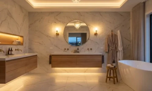 Luxury bathroom interior with marble finishes and custom vanities from Bathroom Renovations Tauranga.